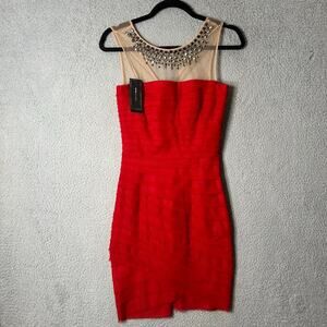BCBGMAXAZRIA Dress Womens 0 Red Maia Sleeveless Rhinestone‎ Bodycon Dress NEW